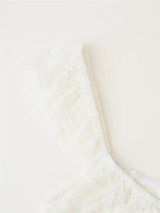 Detailed close-up of delicate white lace fabric with floral mesh patterns and ruffled trim