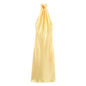 Elegant bright yellow halter neck satin midi dress with silky texture and draped fit