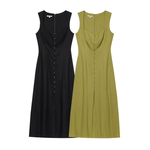 Women's Retro Linen Cotton Sleeveless Midi Dress Square Neck Button Up A-Line Solid Color Summer Casual Office Wear Dress