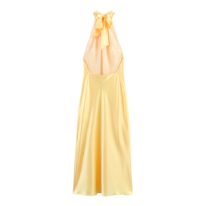 Elegant yellow halter satin dress with large back bow and pearlescent silk finish