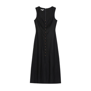 Elegant black sleeveless linen midi dress with square neck and wooden buttons