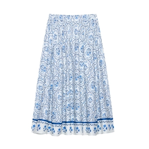 Jupe Midi Élégante À Taille Haute Imprimé Floral Bleu Style Bohème Coupe Évasée Jupe Longue Fluide Pour Femme Mode Vacances