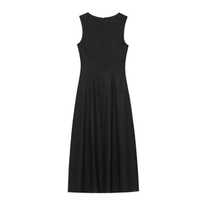 Back view of a classic black sleeveless linen midi dress with an invisible zipper