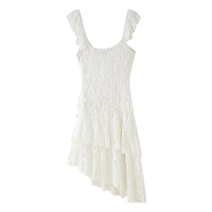 Elegant white lace sleeveless summer dress with ruffled straps and layered cake skirt style