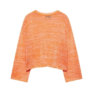Women's orange and white hollow knit pullover with dropped shoulders and long sleeves