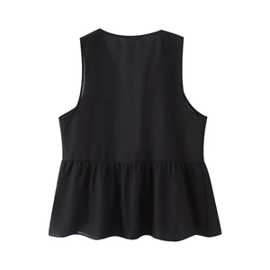 Women's black sleeveless chiffon top with tiered ruffle hem and elegant V-neck design
