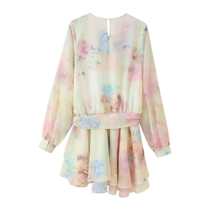 Chic women's pastel tie-dye lace irregular dress with floral print and ruffles