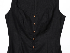 Detail of linen midi dress with heart neckline, wooden buttons and metal back zipper