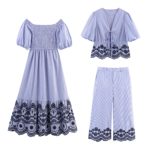 Women Blue White Striped Floral Embroidery Boho Summer Smocked Dress Tie Front Puff Sleeve Shirt Wide Leg Pants Outfit
