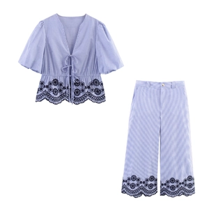 Women's 2025 summer two-piece set with striped embroidery blouse and wide-leg pants