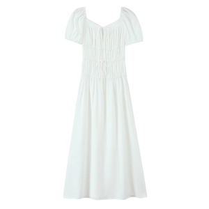 Robe Midi Blanche Style Français Taille Froncée Manches Bouffantes Décolleté en Cœur Rétro Vacances Robe Ligne A Femme Mode Été