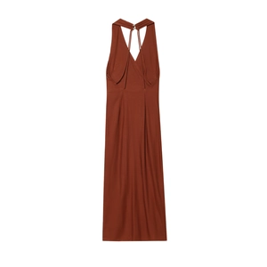 Elegant terracotta halter neck backless long dress with stylish cross strap detail