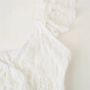 Elegant white lace layered summer dress with chic V-neckline and tiered ruffle details