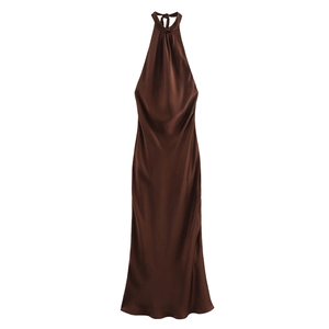 Elegant halter neck brown satin long dress with draped neckline and silky finish