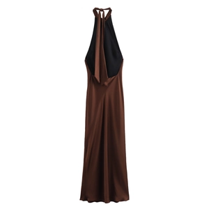 Elegant halter neck satin maxi dress with backless design in black and brown contrast