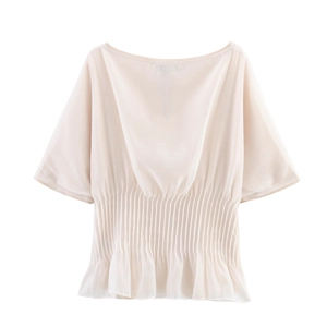 Women's beige chiffon off-shoulder top with elastic pleated waist and ruffle hem