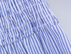 Detailed view of smocking elastic waist design on blue and white striped dress fabric