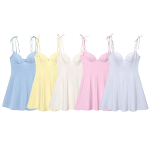 Women Summer Sweet Bow Tie Strap Mini Dress French Bustier Style A-Line Silhouette Macaron Solid Colors Sleeveless Fashion Dress
