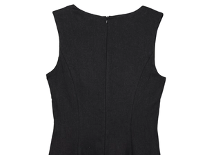 Close-up of black sleeveless linen midi dress back view with zipper and waist stitching