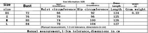Size chart for women's satin dress with bust, waist, and hip measurements in cm