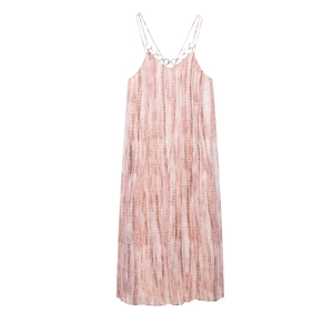 Γυναικείο Καλοκαιρινό Ροζ Tie-Dye Πλισέ Μάξι Φόρεμα με Τιράντες Λαιμόκοψη V Διακόσμηση με Μεταλλικούς Δακτυλίους Ψηλόμεσο