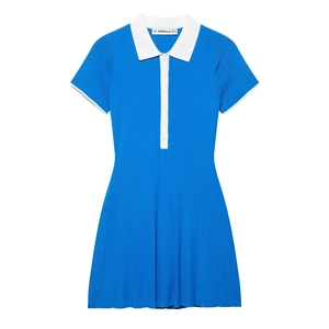 Vestito Donna Elegante Blu Reale in Maglia Colletto Polo Manica Corta Plissettato Street Style Abito in Maglia Con Cintura