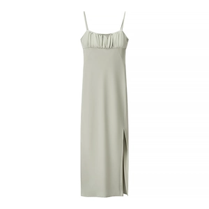 Elegant light green satin camisole dress with gathered bust and high side slit