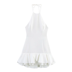 French Style White Halter Neck Tiered Ruffle Mini Dress For Women Sexy Backless High Waist A-Line Party Sleeveless Dress