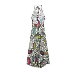 Elegant paisley print halter maxi dress with deep V-neck and open back for summer