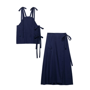 Women Navy Blue Polyester Crinkled Skirt Set Casual Bow Tie Top And Wrap Maxi Skirt Summer Vacation Streetwear Outfit