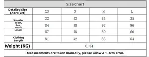 Detailed size chart for loose embroidered dress showing measurements in CM from XS to L