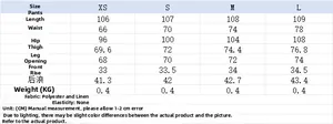 Size guide table for high waist wide leg pants showing length and waist measurements