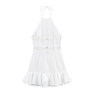 Minimalist white halter-neck dress featuring a ruffled hem and stylish open back design
