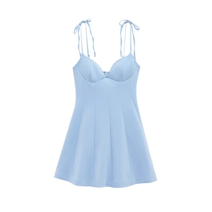 Light blue corset mini dress with bow straps and structured bodice on white background