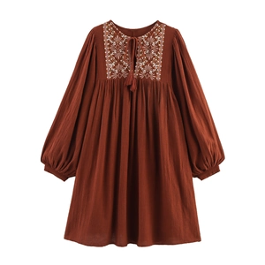Women Bohemian Embroidered Mini Dress Rust Red Lantern Sleeve Tassel Tie Loose Vacation Cotton Blend A-Line Short Dress