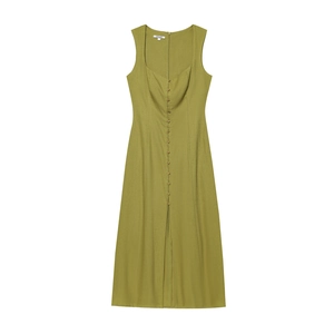Olive green linen sleeveless midi dress with square neck and button front detail