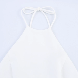 French design white halter neck dress with stylish ruffle details for women's summer wear