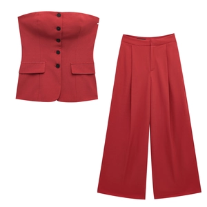 Women's 2-piece red strapless buttoned top and high-waist wide-leg trousers set