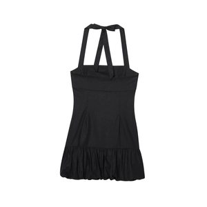 Women Halter Neck Bubble Hem Mini Dress Sexy Backless Bow Tie A-Line Summer Party Black Cotton Linen Splicing Dress