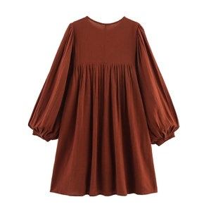 Women's casual babydoll loose summer dress with lantern sleeves and embroidery details
