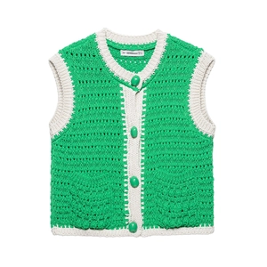 Gilet da donna in maglia verde con bordi a contrasto crema e design a maglia traforata