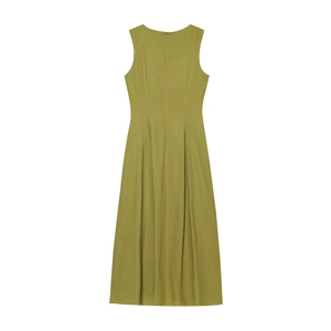Slim fit sleeveless linen midi dress in olive green with back hidden zipper and pleated hem