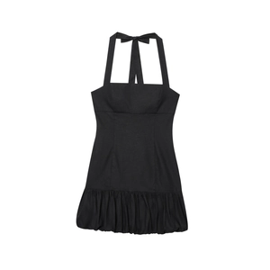 Elegant black halter mini dress with a bubble hem and large bow back detail on plain background