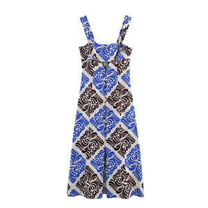 Women's summer strap dress featuring blue and brown vintage floral print and front buttons
