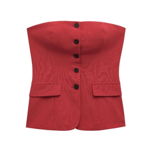Red strapless bustier top with black buttons and faux flap pockets for women