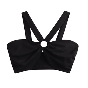 Sexy Halter Criss-Cross Crop Top Metal Ring Double Straps Slim Fit Solid Color Polyester Spandex Women Summer Party Top