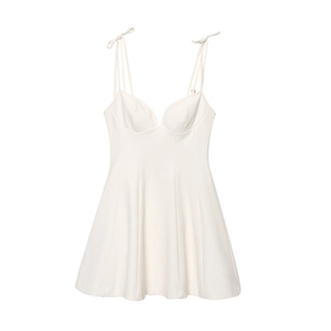White minimalist A-line mini sundress with adjustable spaghetti straps and V-neckline