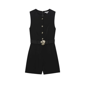 Combishort Décontracté Femme Noir Uni Sans Manches Col Rond Simple Boutonnage Avec Ceinture À Boucle Florale Été Slim Fit Tenue