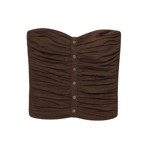 Women Sexy Ruched Tube Top Cotton Linen Blend Button Decoration Slim Fit Backless Bandeau Top Casual Summer Brown Top