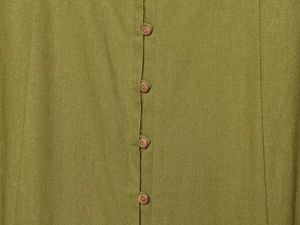 Close-up of olive green linen midi dress with vertical natural wooden buttons